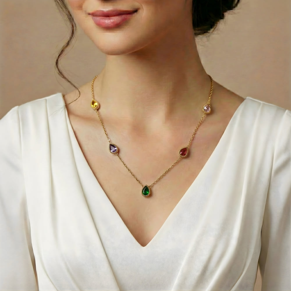 Multi-Color Teardrop Stone Station Necklace – Anti Tarnish