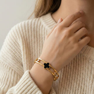 Anti Tarnish Gold Clover Charm Bangle for Women by Glowviera