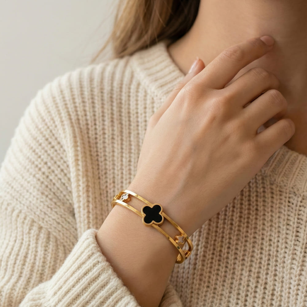 Anti Tarnish Gold Clover Charm Bangle for Women by Glowviera