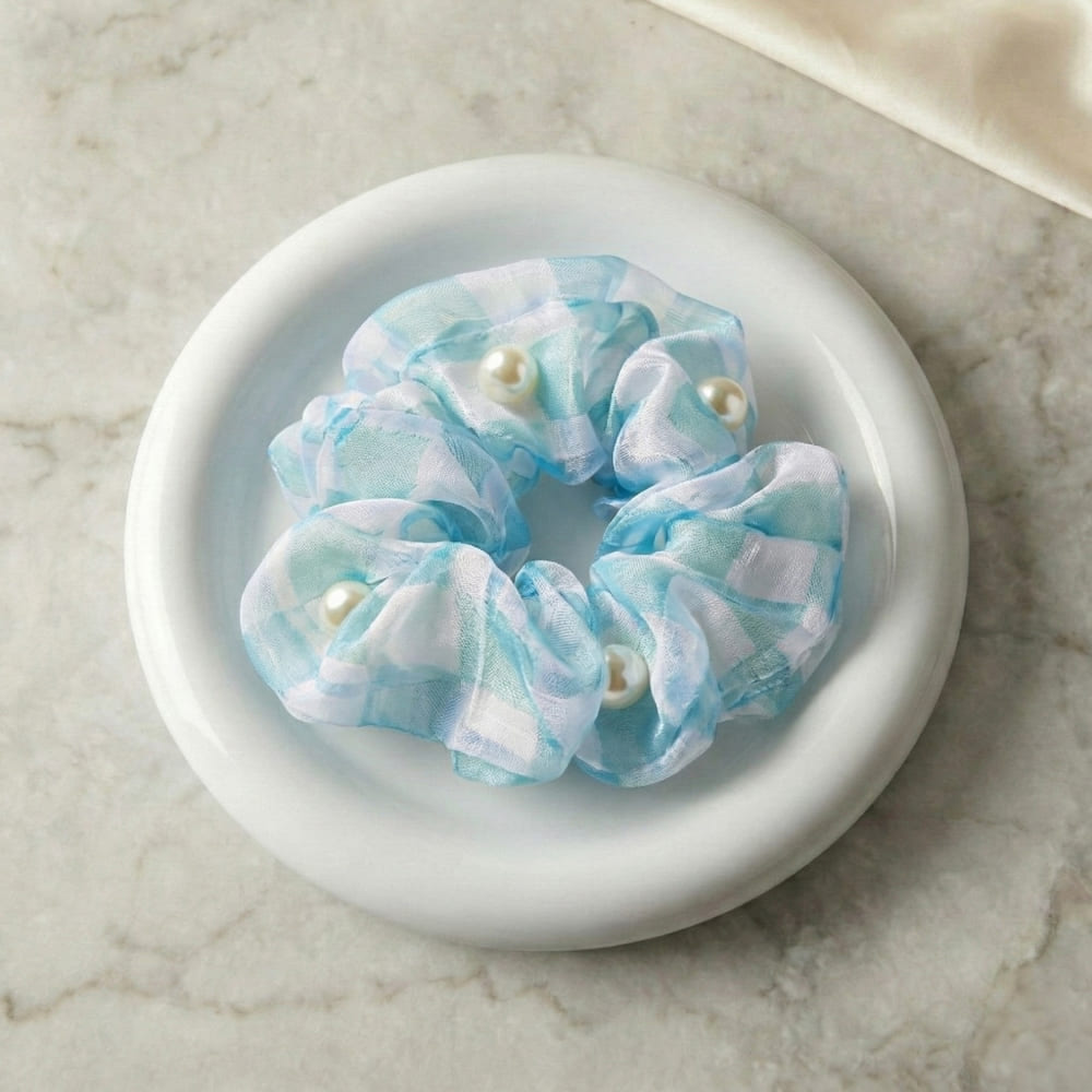Sky Blue Pastel Check Scrunchie with Pearl