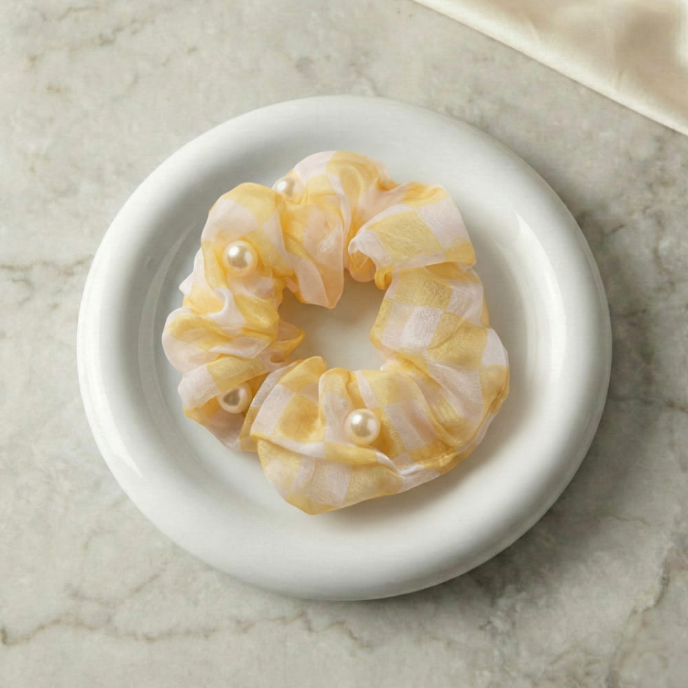 Pastel Yellow & White Check Pearl Scrunchie