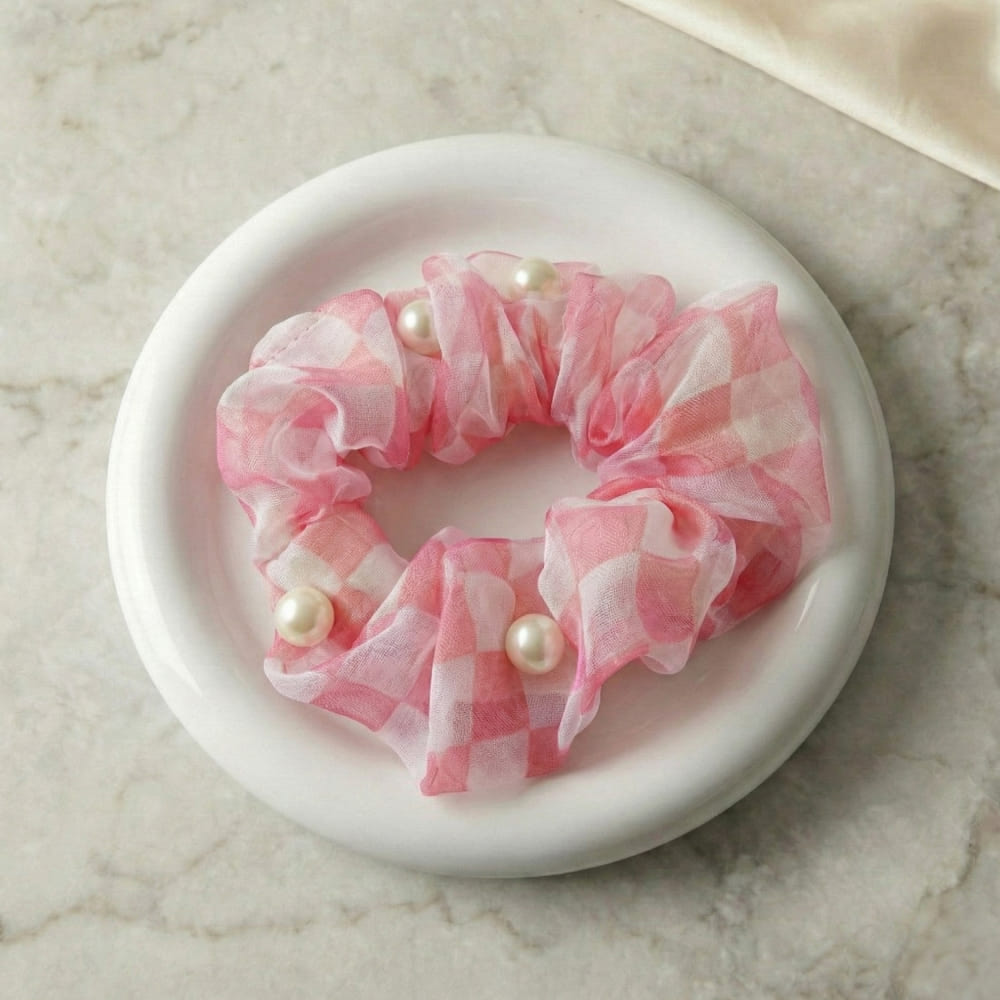 Blush Pink & White Check Pearl Scrunchie