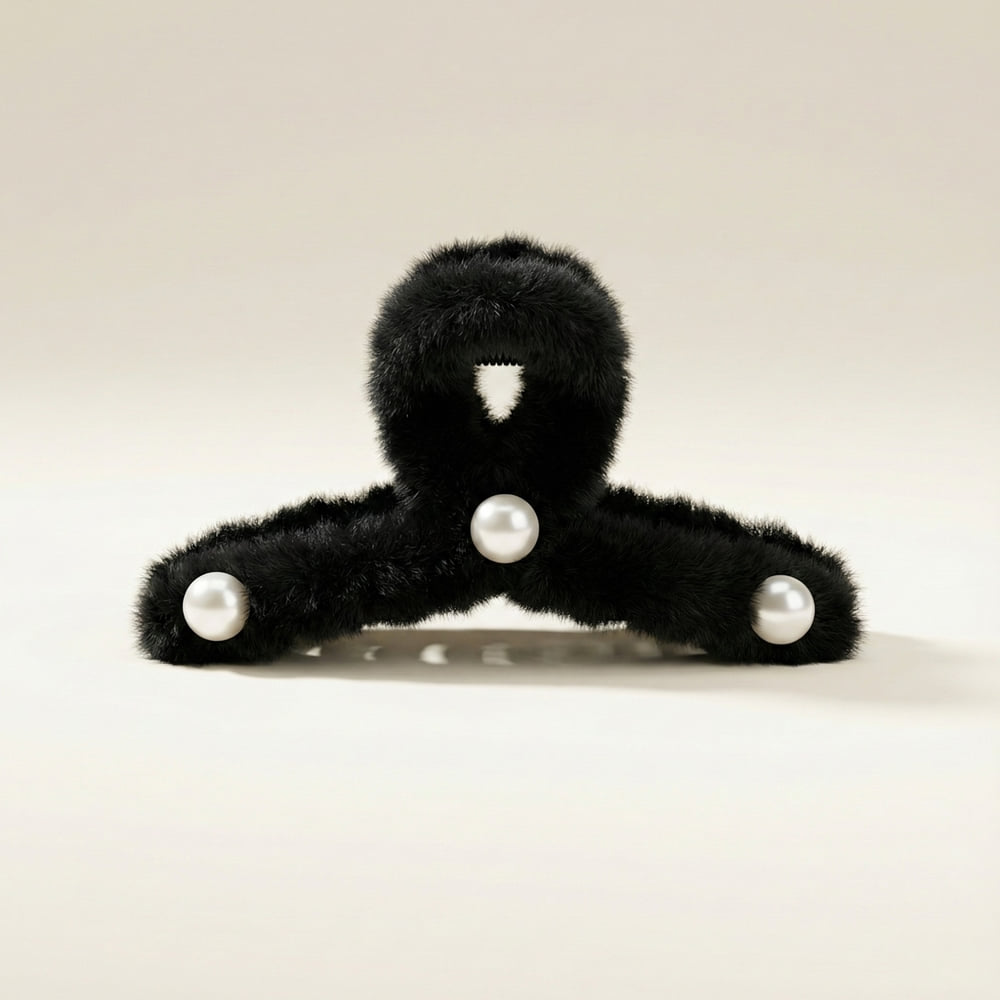 Black Fur Hair Claw Clip with Pearl