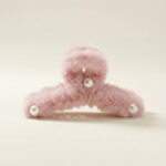 Blush Pink Fur Hair Claw Clip with Pearl (11 cm)