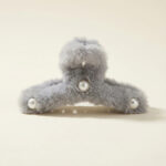 Soft Grey Fur Hair Claw Clip with Pearl