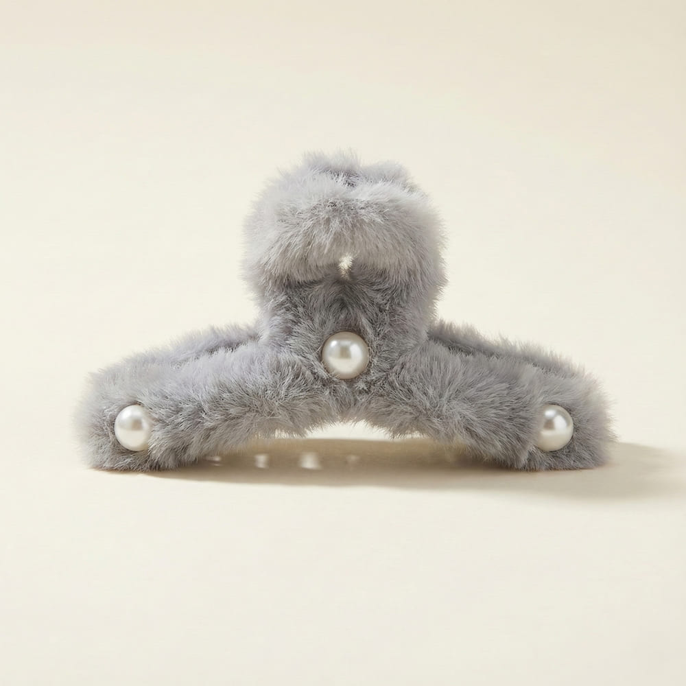 Soft Grey Fur Hair Claw Clip with Pearl