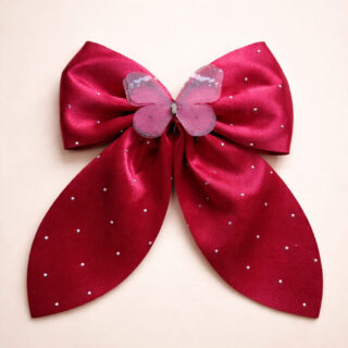 Deep Red Satin Hair Bow Clip with Butterfly