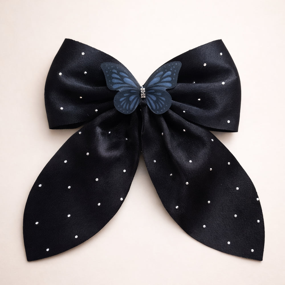 Classic Black Satin Hair Bow Clip with Butterfly