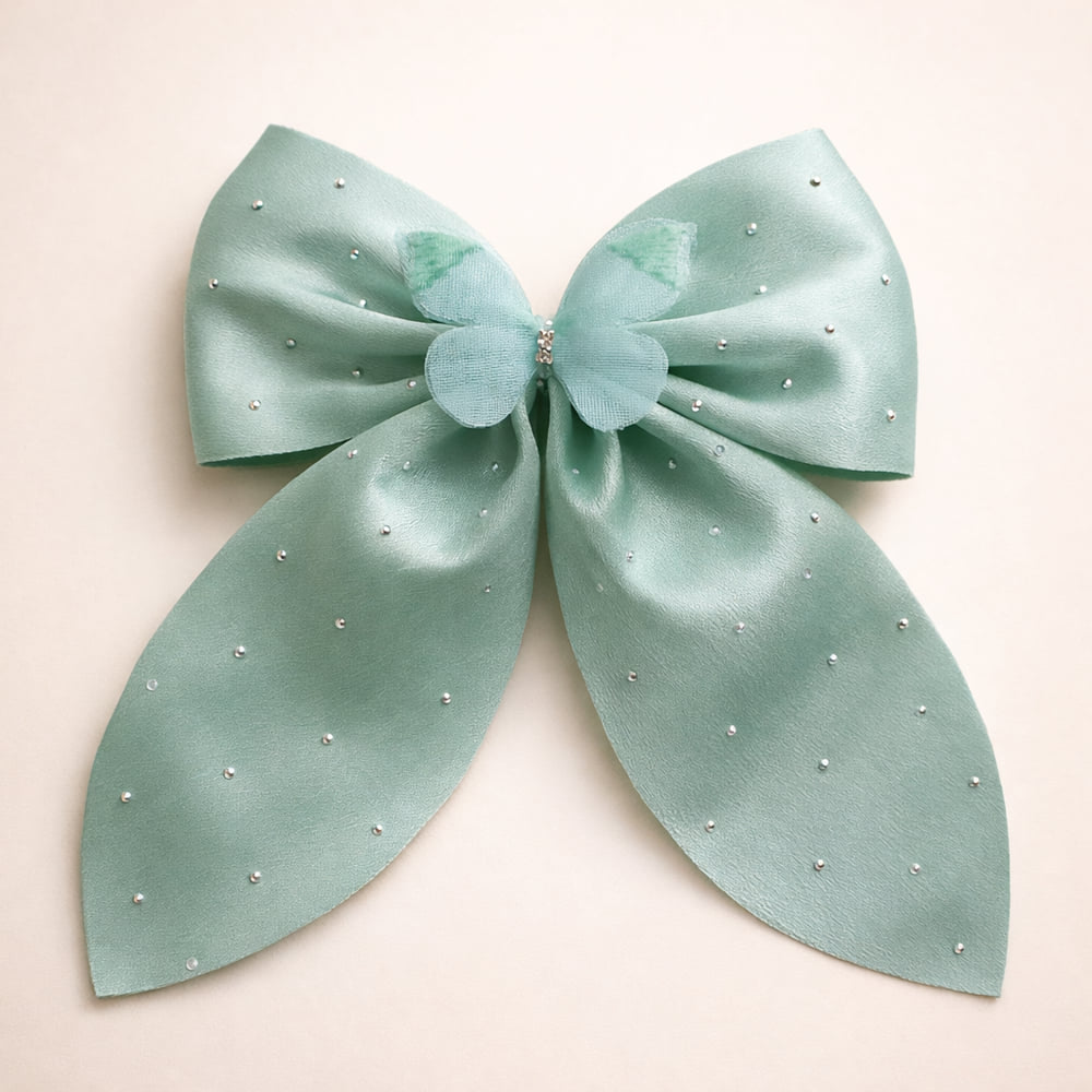 Mint Green Satin Hair Bow Clip with Butterfly